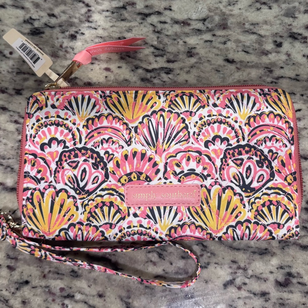 Simply Southern Quilted Shell Phone Wallet - Pink and Yellow, carrying strap,